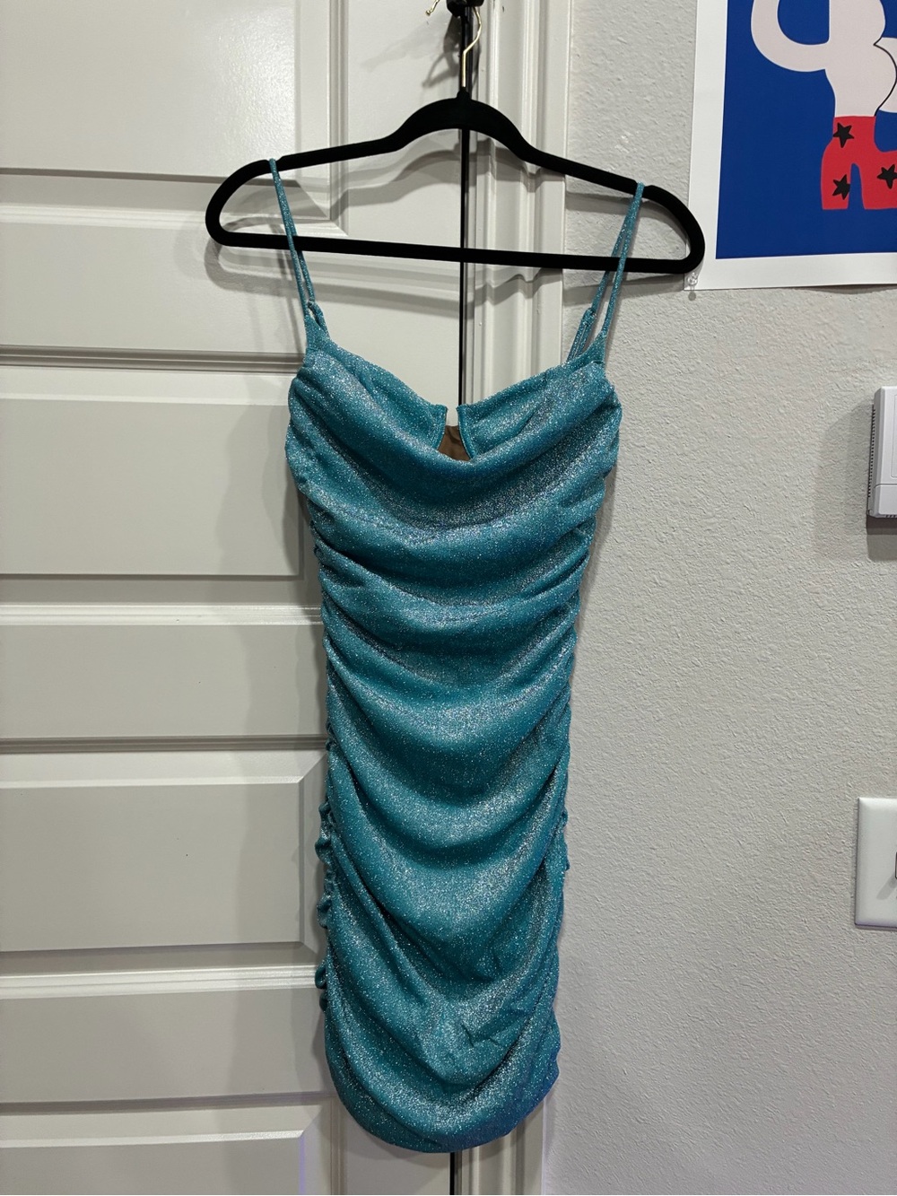 White Fox Boutique Shimmery Turquoise Ruched Mini Dress